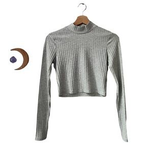 🍯 Fitted& Ribbed Long Sleeve Mock Neck/ Turtleneck Shirt/ Sweater - Light Grey